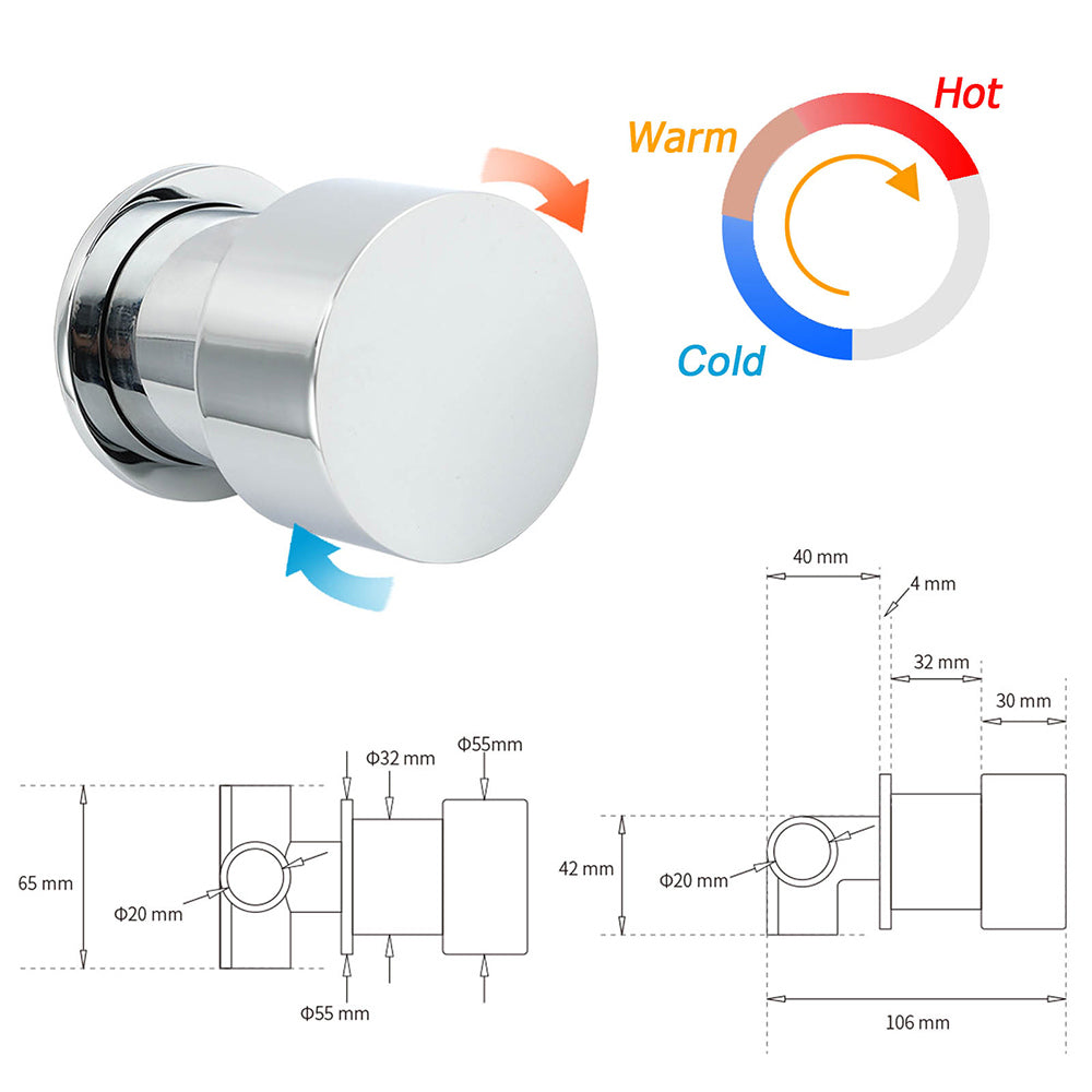 Vortaz Chrome 1/4 Turn Shower Mixer Tap Knob Switch Polished