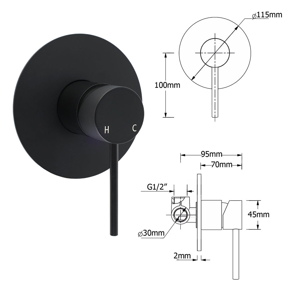 Matte Black Concealed Shower Mixer Valve with Round Lever Hot Cold Control