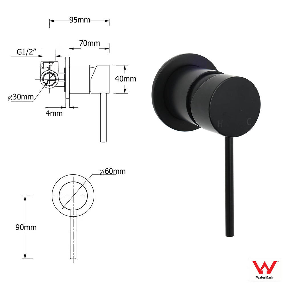 Vortaz Matt Black Round Shower Mixer Tap 60mm Solid Brass