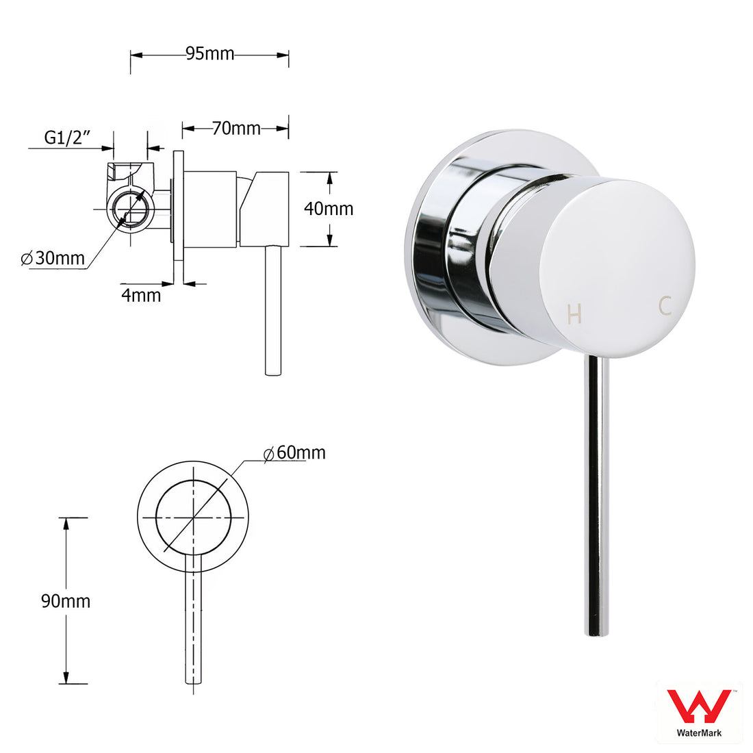 Chrome Round Shower Mixer Tap with Pin Lever Handle