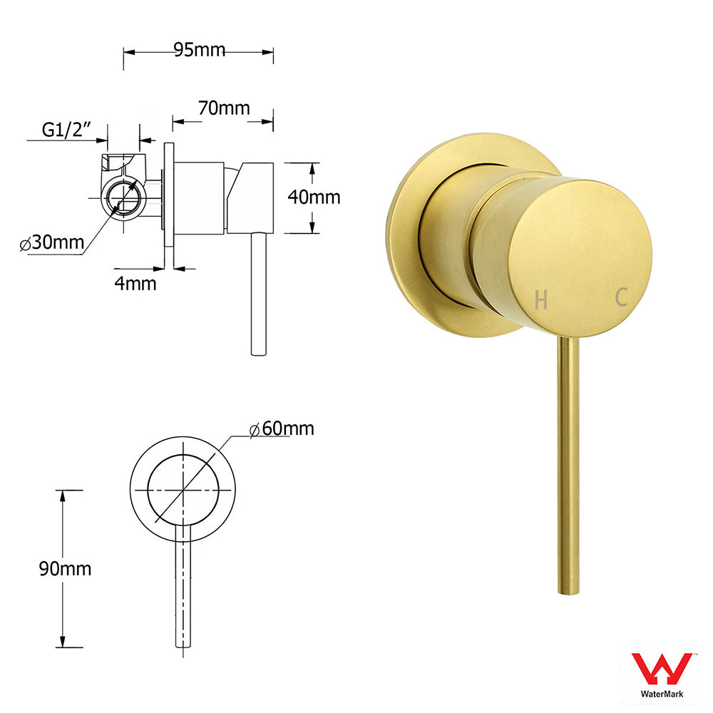 Vortaz Brushed Gold Round Shower Mixer Tap Wall Mounted 60mm