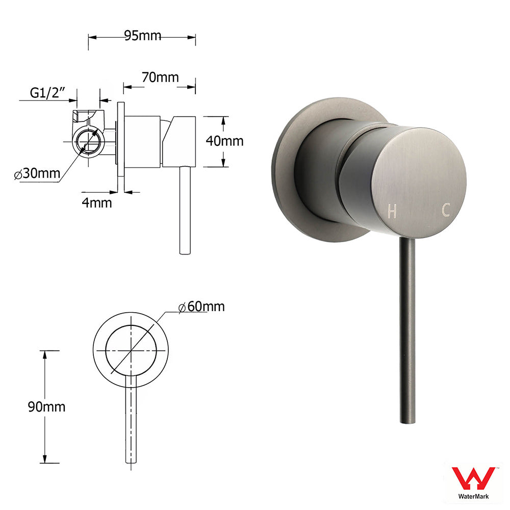 Vortaz Gun Metal Round Shower Mixer Tap Wall Mounted 60mm