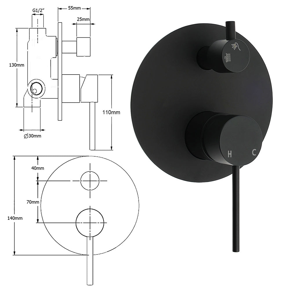 KYLINS Matte Black Round Shower Mixer Diverter Ceramic Cartridge Wall Mounted