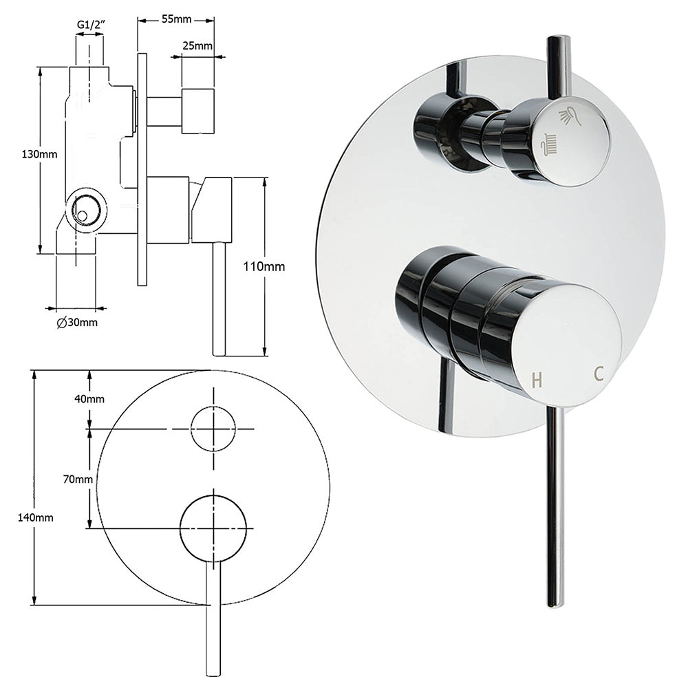 Polished Chrome Round Stainless Steel Shower Mixer with Diverter 35mm