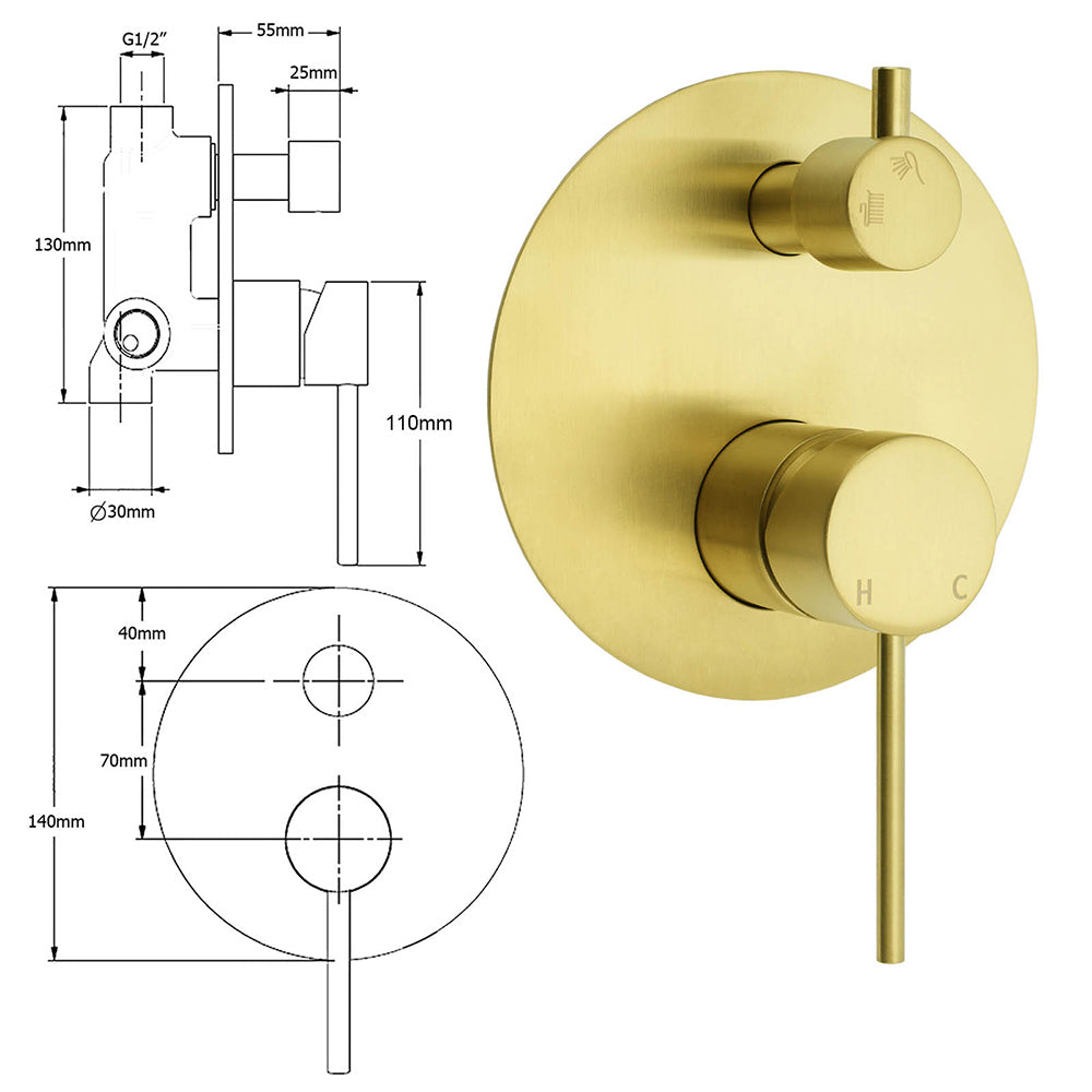 Brushed Gold 2 Way Shower Mixer Diverter with Round Lever Hot Cold Control