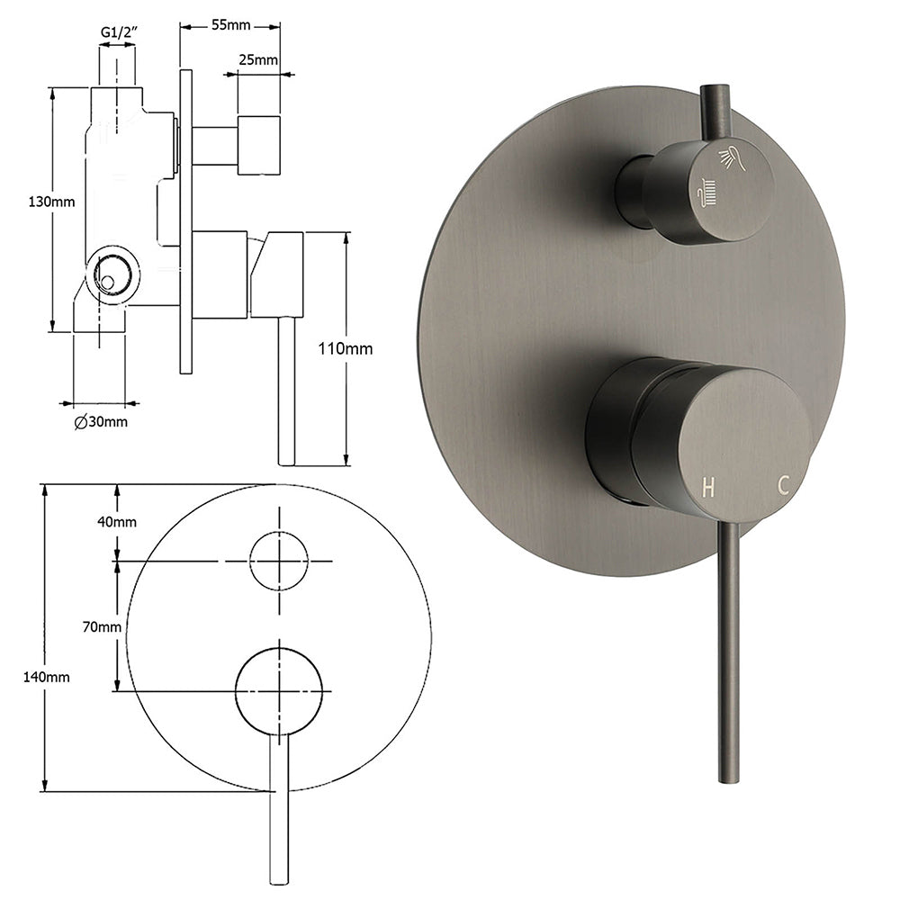 Gun Metal Round Stainless Steel Shower Mixer Diverter 35mm Ceramic