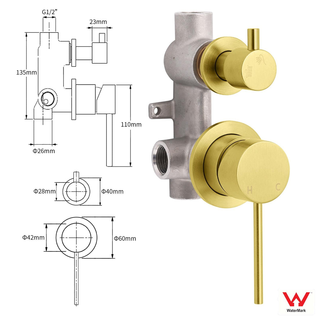 Brushed Gold Concealed Wall Shower Mixer with Diverter 35mm Ceramic