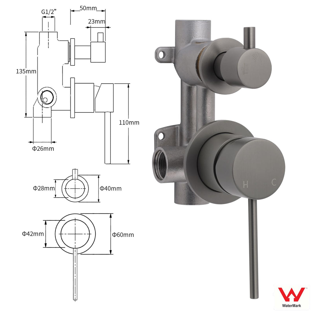 Gun Metal Gray Round Shower Mixer with 2 Way Diverter