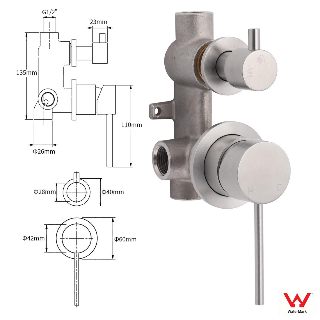 Brushed Nickel Round Shower Mixer with Diverter 35mm Stainless Steel