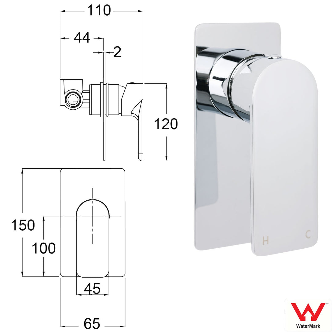 Chrome Square Lever Handle Shower Mixer Valve Watermark Approved
