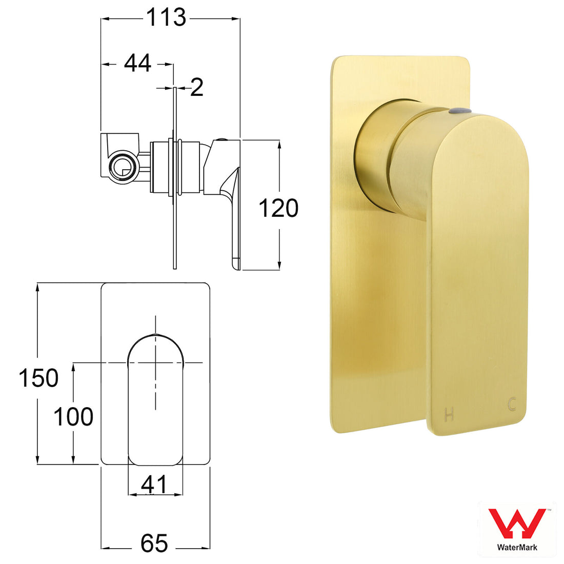 Brushed Gold Rectangle Shower Mixer Tap with Ceramic Cartridge