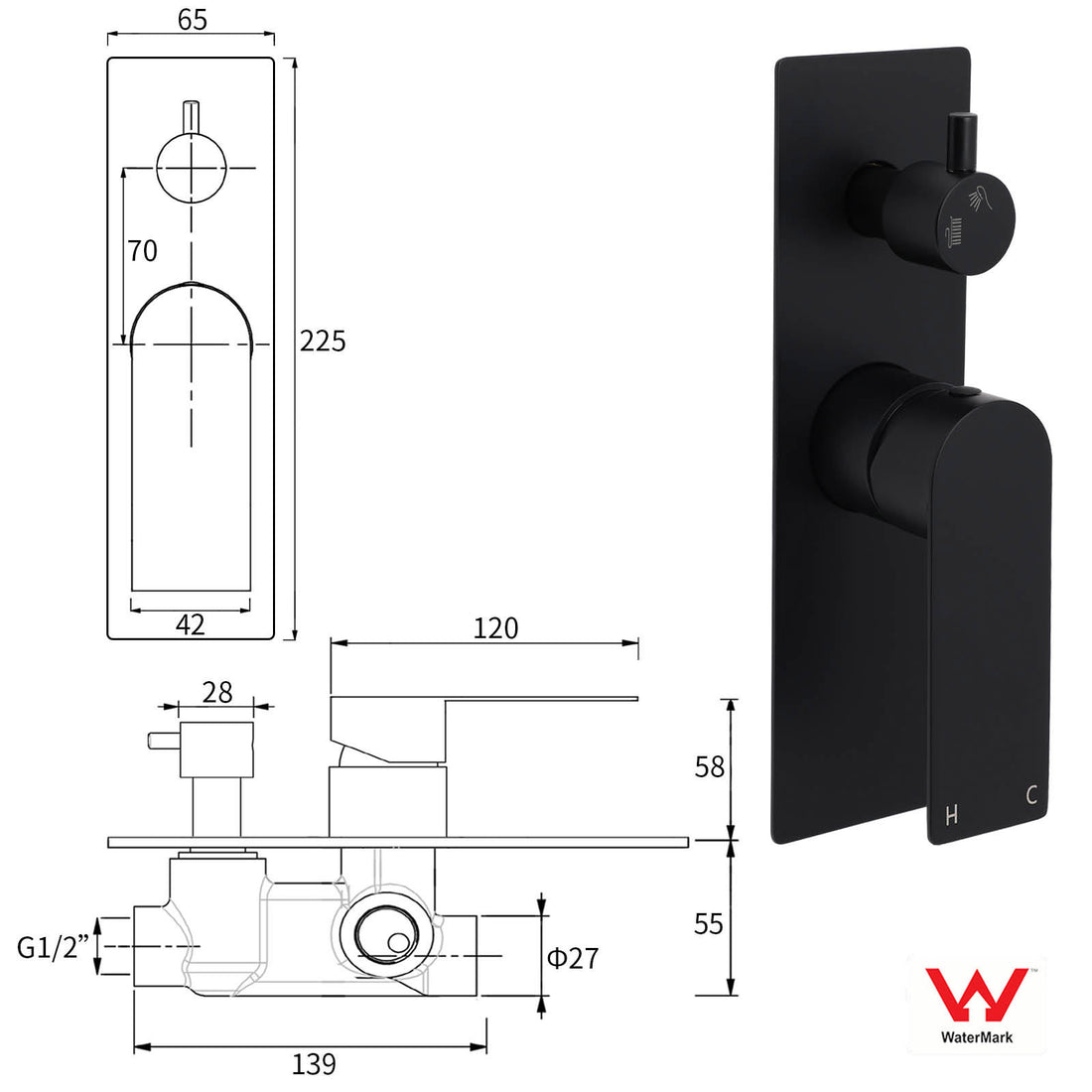 Matt Black Square Shower Mixer with 2 Way Diverter