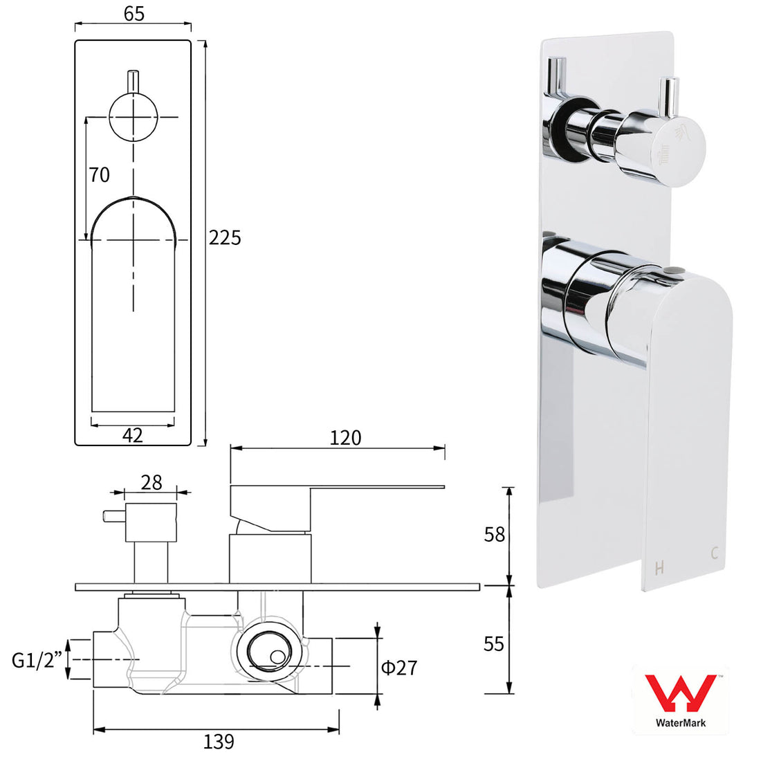 Vortaz Square Shower Mixer Diverter Valve Polished Chrome