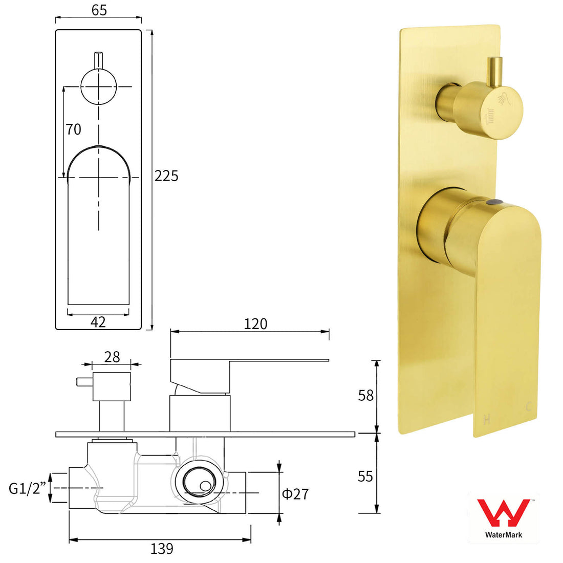 Brushed Gold Square Concealed Shower Mixer Diverter Wall Mounted