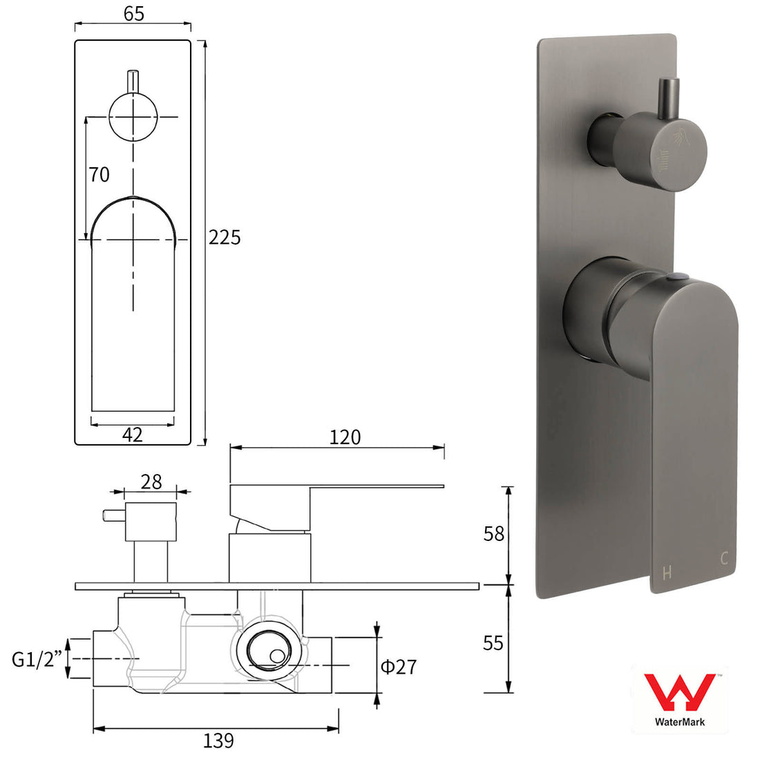Gun Metal Grey Square Shower Mixer Diverter with 2 Way Switch