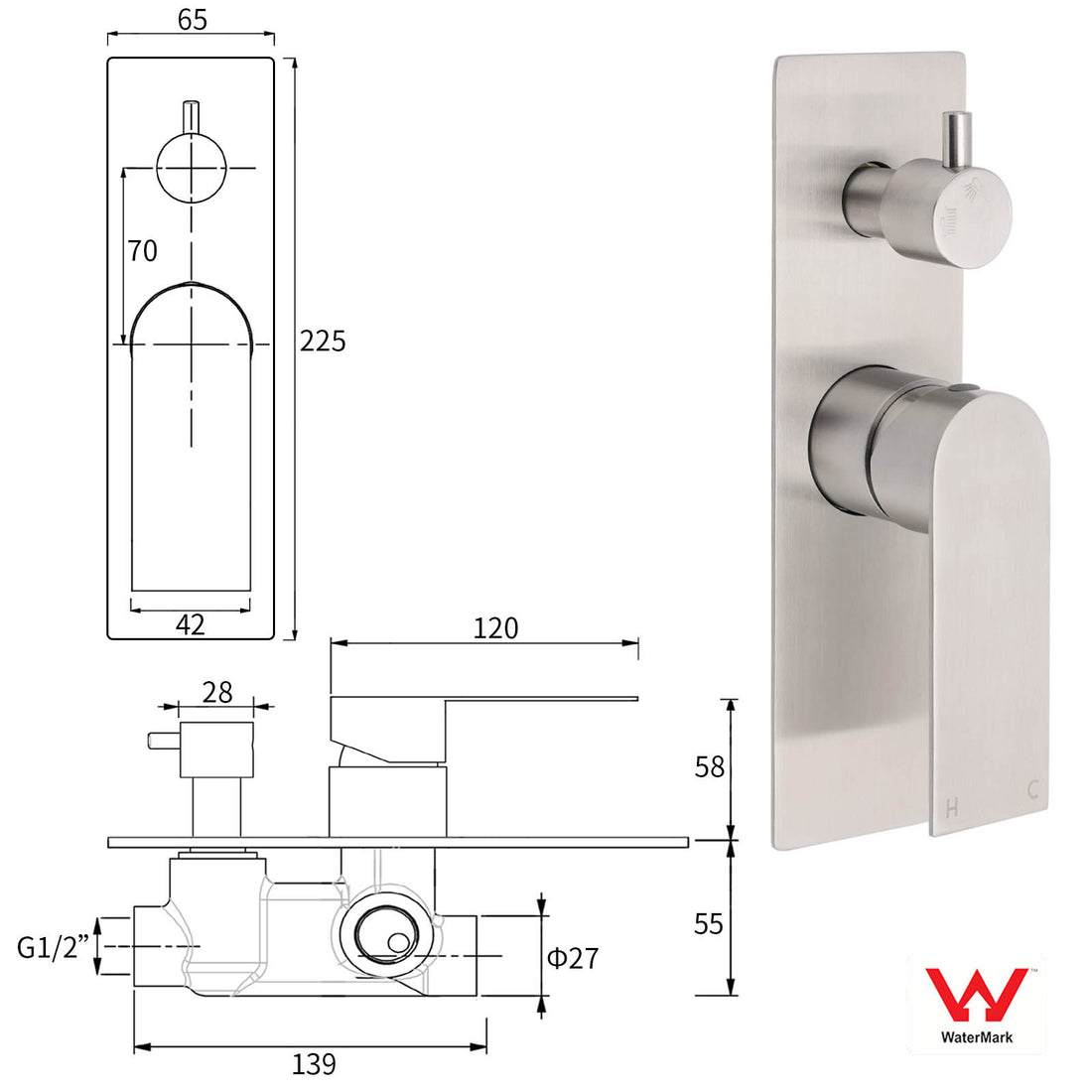 Brushed Nickel Square Shower Mixer Diverter with 2 Way Switch