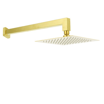 KYLINS Brushed Gold Square Rain Shower Head 250mm Wall Mounted Straight Arm