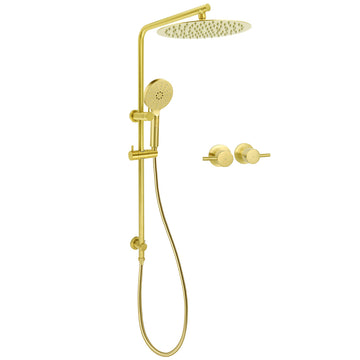 Brushed Gold Large 12 inch Rain Shower Head 3 Mode Handheld with Wall Rail and Twin Taps