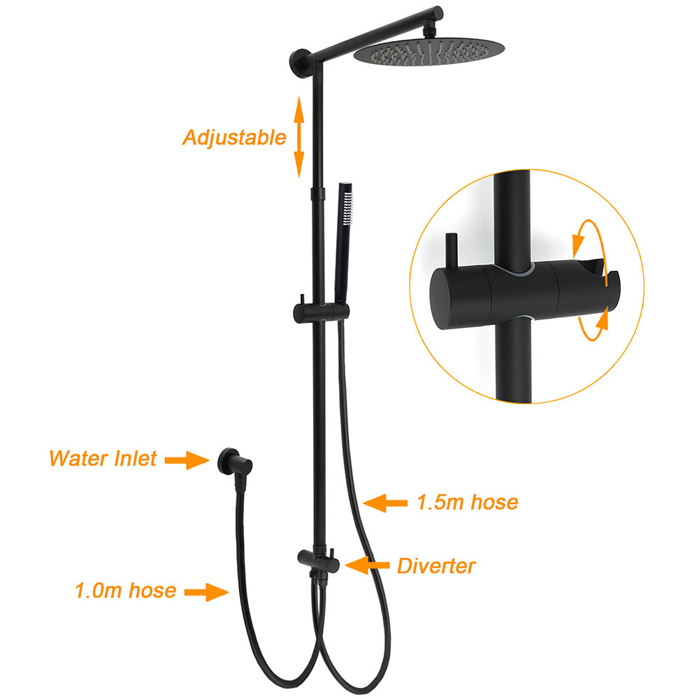 KYLINS Matt Black Double Round Shower Set 10 inch 3 Mode Handheld Sliding Rail Diverter