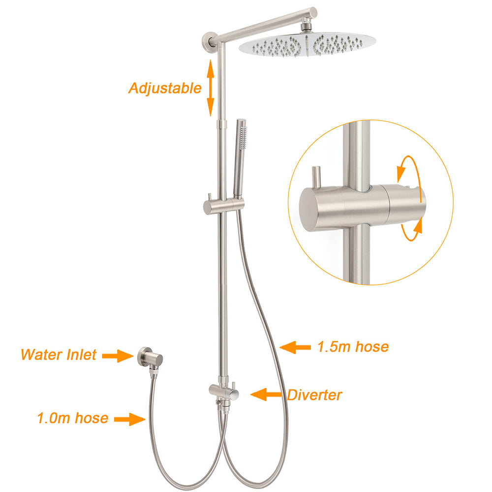 KYLINS Brushed Nickel 12in Rain Shower Head Stainless Steel Handheld Wall Rail Arm Set