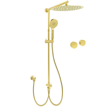 KYLINS Brushed Gold Rain Shower System 12 inch Round Rain Head with Handheld and Twin Taps