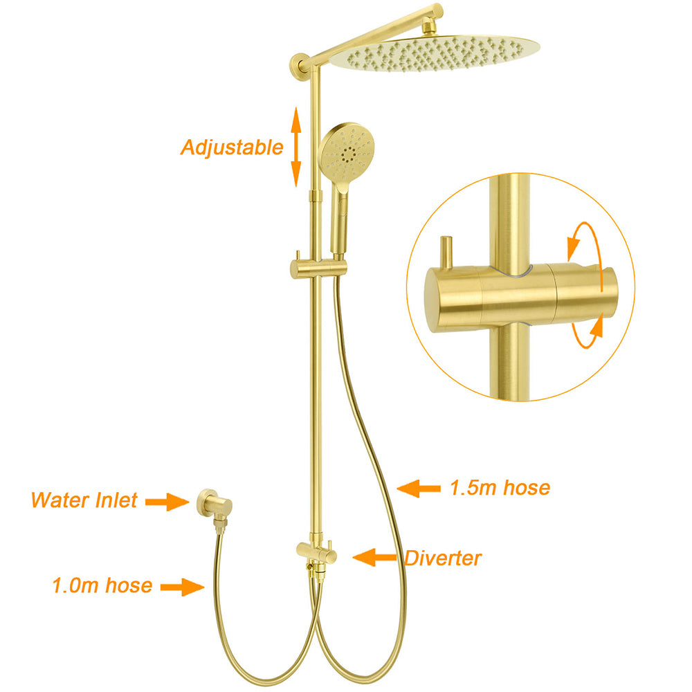 KYLINS Brushed Gold Rain Shower System 12 inch Round Rain Head with Handheld and Twin Taps