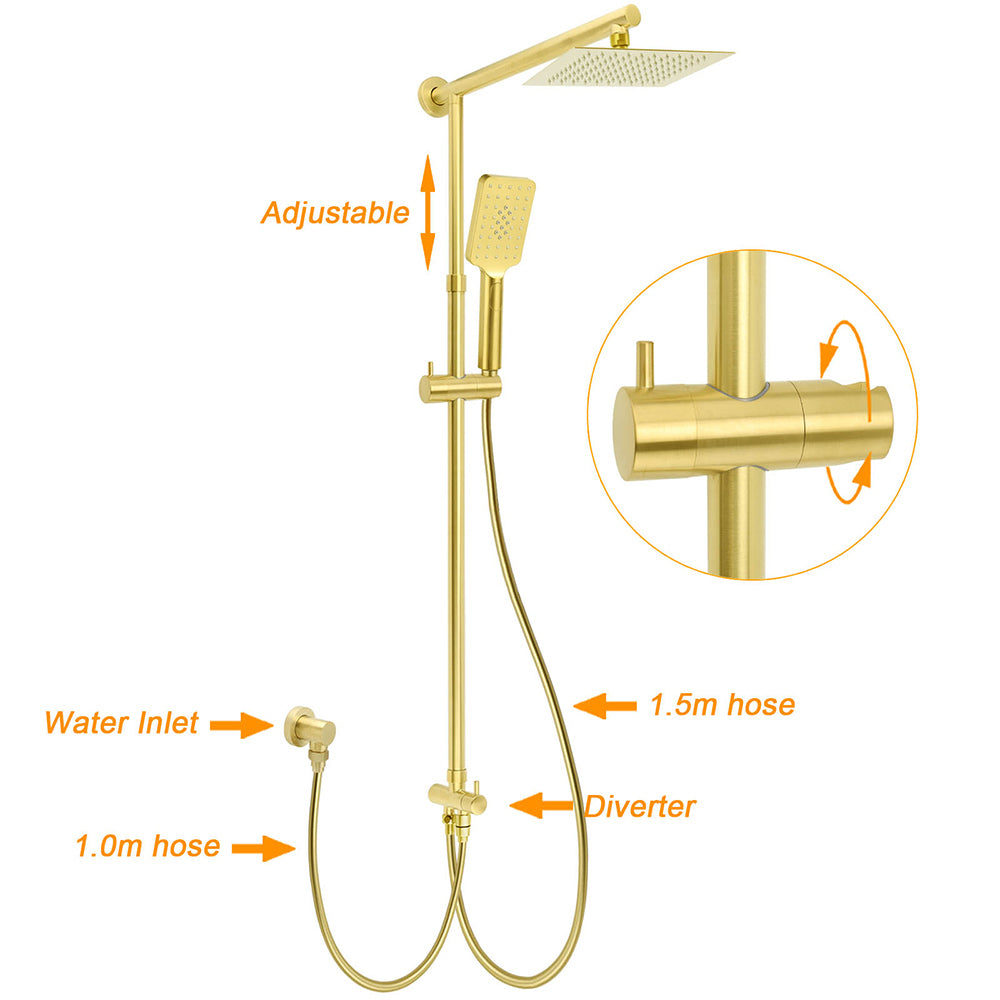 KYLINS Brushed Gold Square Shower Set 8 inch Rain Head with Handheld and Twin Taps