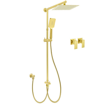 Brushed Gold Rain Shower Head Set with 3 Mode Handheld Sliding Rail and Twin Taps