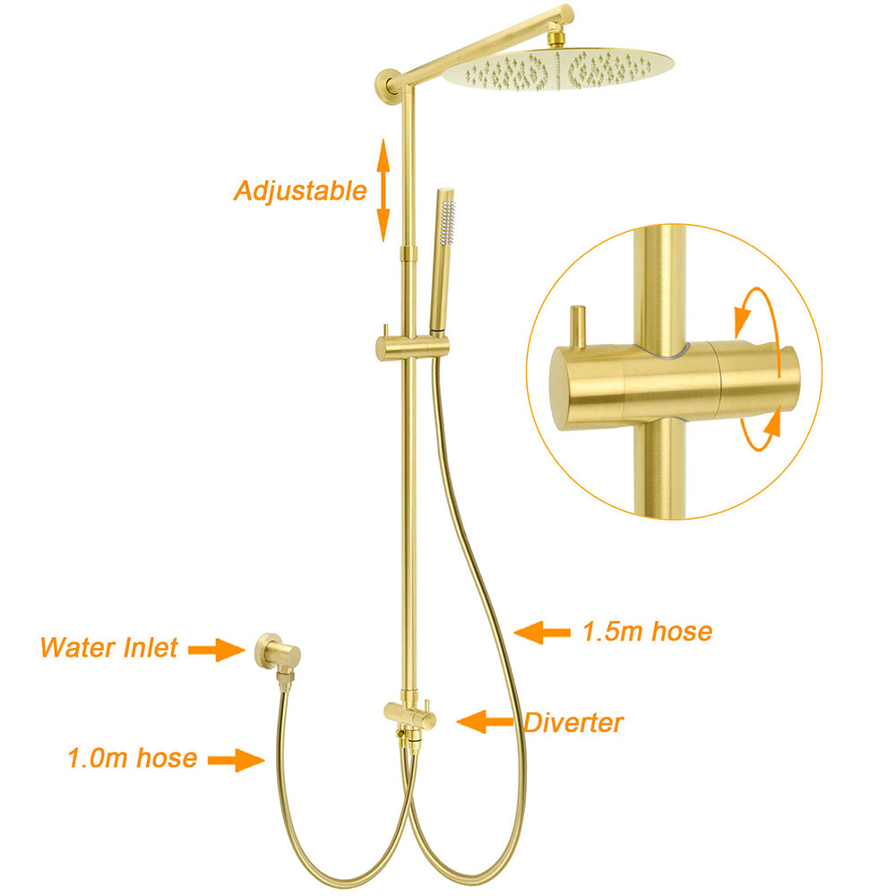 Kylins Brushed Gold Rain Shower Head 12in with Handheld and Sliding Rail Set