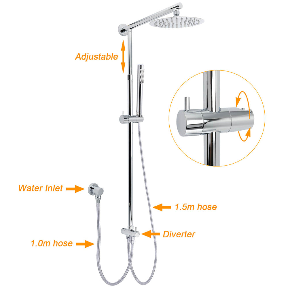KYLINS Chrome Round 8 inch Rain Head Stick Handheld Sliding Rail Dual Shower
