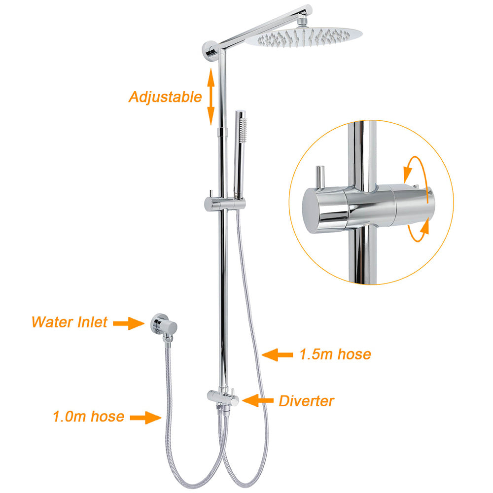 KYLINS Chrome Double Rain Shower Head 10 inch 250mm with Handheld Sliding Rail Diverter Set