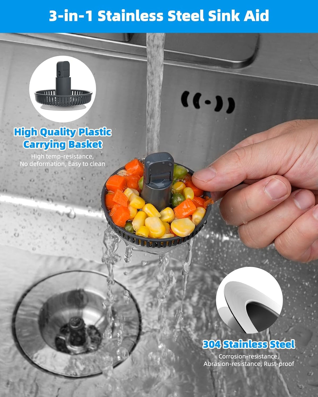 Vortaz 3-in-1 Kitchen Sink Drain Strainer Stopper