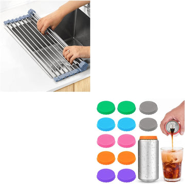 Vortaz Over Sink Roll-Up Dish Drying Rack with Soda Can Lids