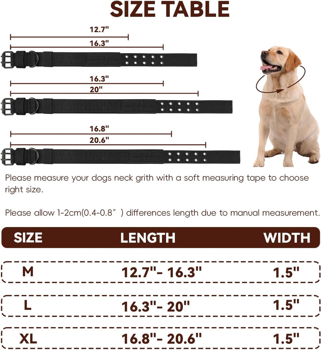 Heavy Duty Tactical Dog Collar Metal Buckle D Ring 1.5 inch Padded