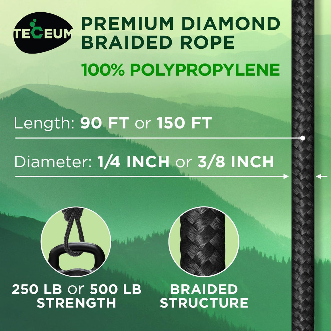 Polypropylene Utility Rope 27.5m 1/4inch Diamond Braided 250LB Black