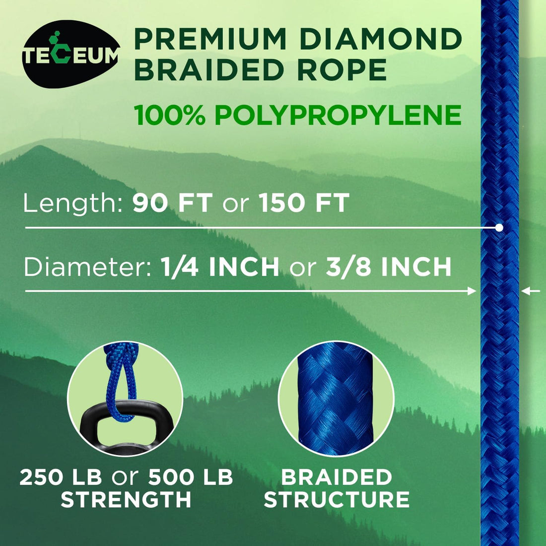Polypropylene Utility Rope 27.5m 1/4inch Diamond Braided 250LB Blue