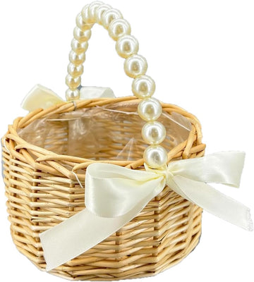 Natural Rattan Flower Girl Basket with Pearl Handle Bow Detail