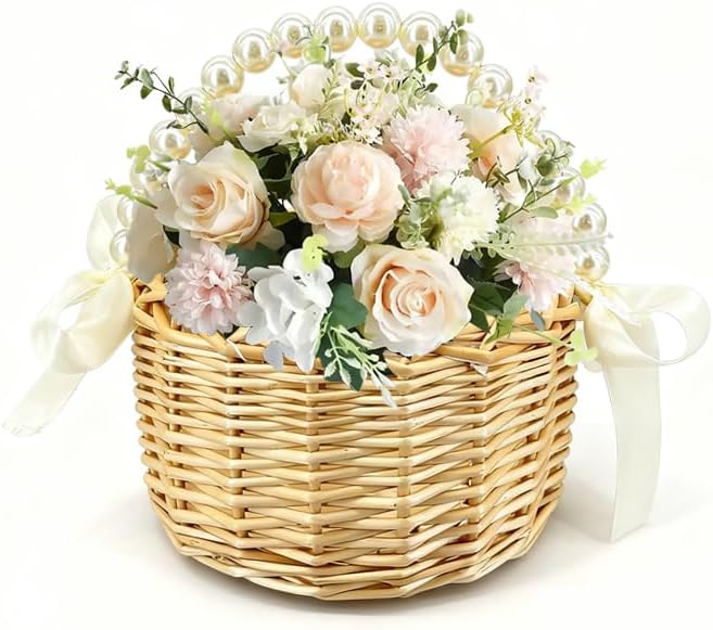 Natural Rattan Flower Girl Basket with Pearl Handle Bow Detail
