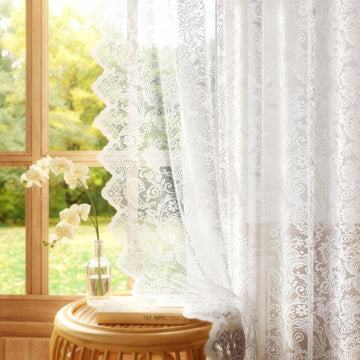 White Lace Sheer Curtains Vintage Floral Scalloped Edge 52x63 inch 2 Panels