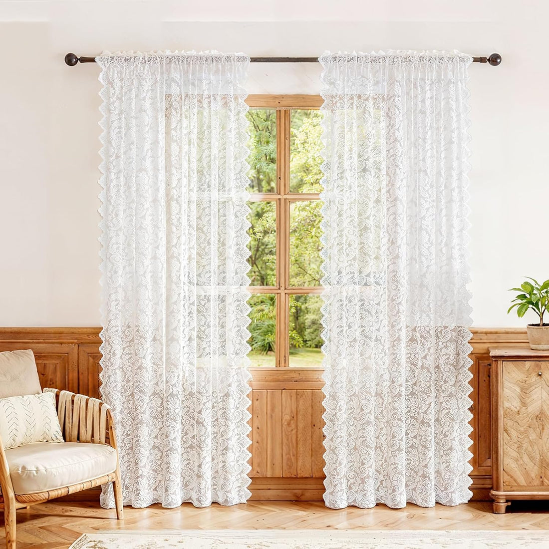 White Lace Sheer Curtains Vintage Floral Scalloped Edge 52x63 inch 2 Panels