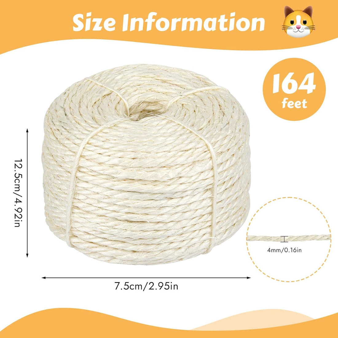164ft Natural Sisal Rope for Cat Scratching Post Repair 4mm Diameter