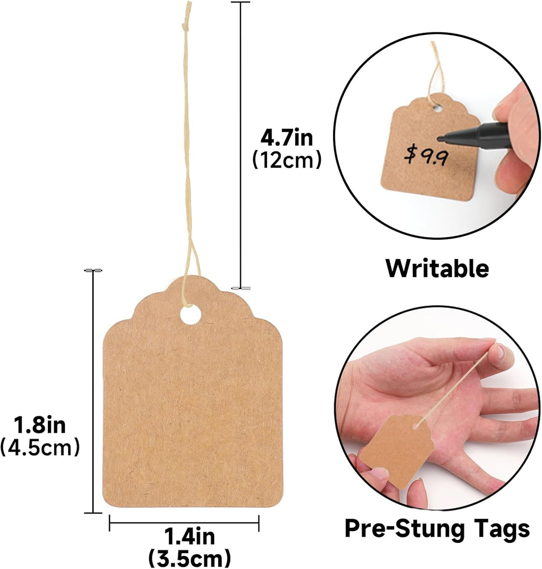 500-Pack Brown Kraft Paper Hanging Tags with String 3.5x4.5cm