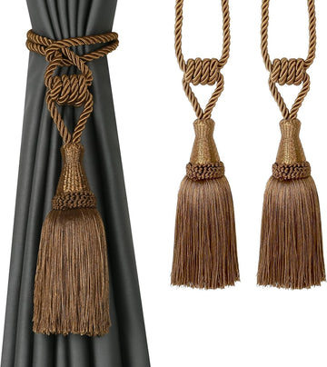 Vortaz Tassel Curtain Tiebacks Polyester No-Drill 2-Pack 60cm Coffee