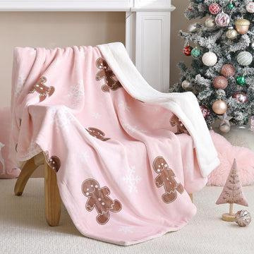 Pink Fluffy Sherpa Throw Blanket Reversible Gingerbread Snowflake 50x60 Inches