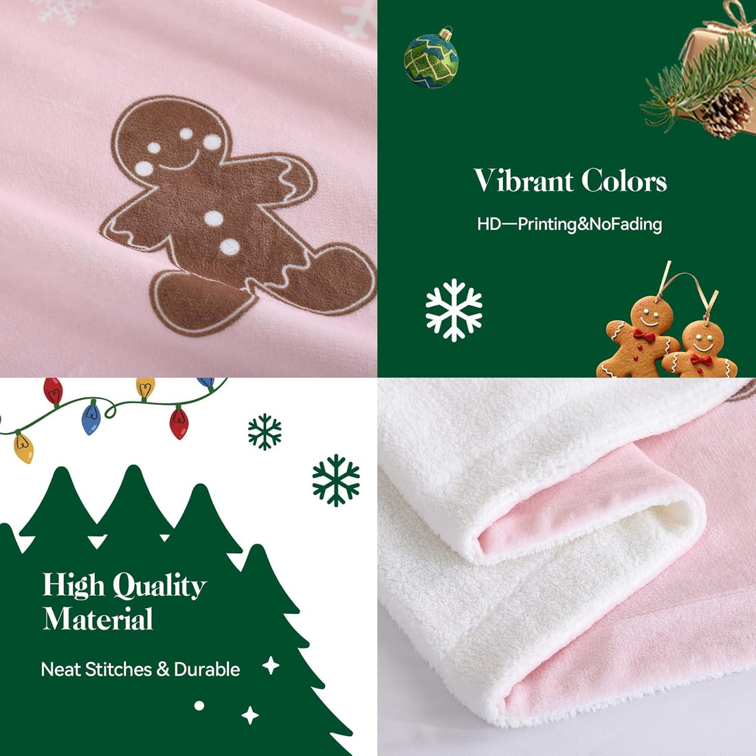 Pink Fluffy Sherpa Throw Blanket Reversible Gingerbread Snowflake 50x60 Inches
