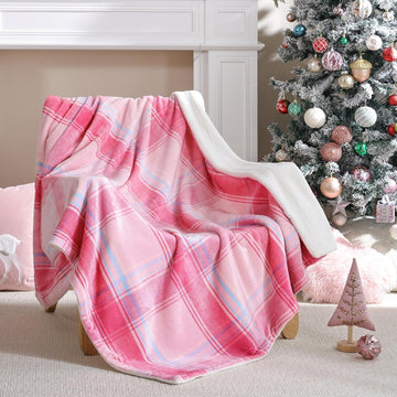 Pink Plaid Sherpa Throw Blanket Flannel Reversible 50x60