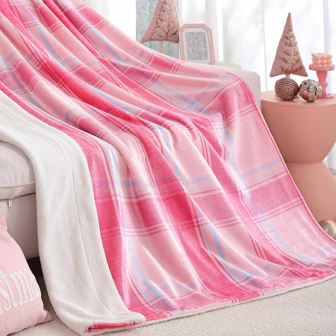 Pink Plaid Sherpa Throw Blanket Flannel Reversible 50x60