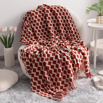 Acrylic Knitted Throw Blanket Tasseled Red White Stripe 51x67 Inches