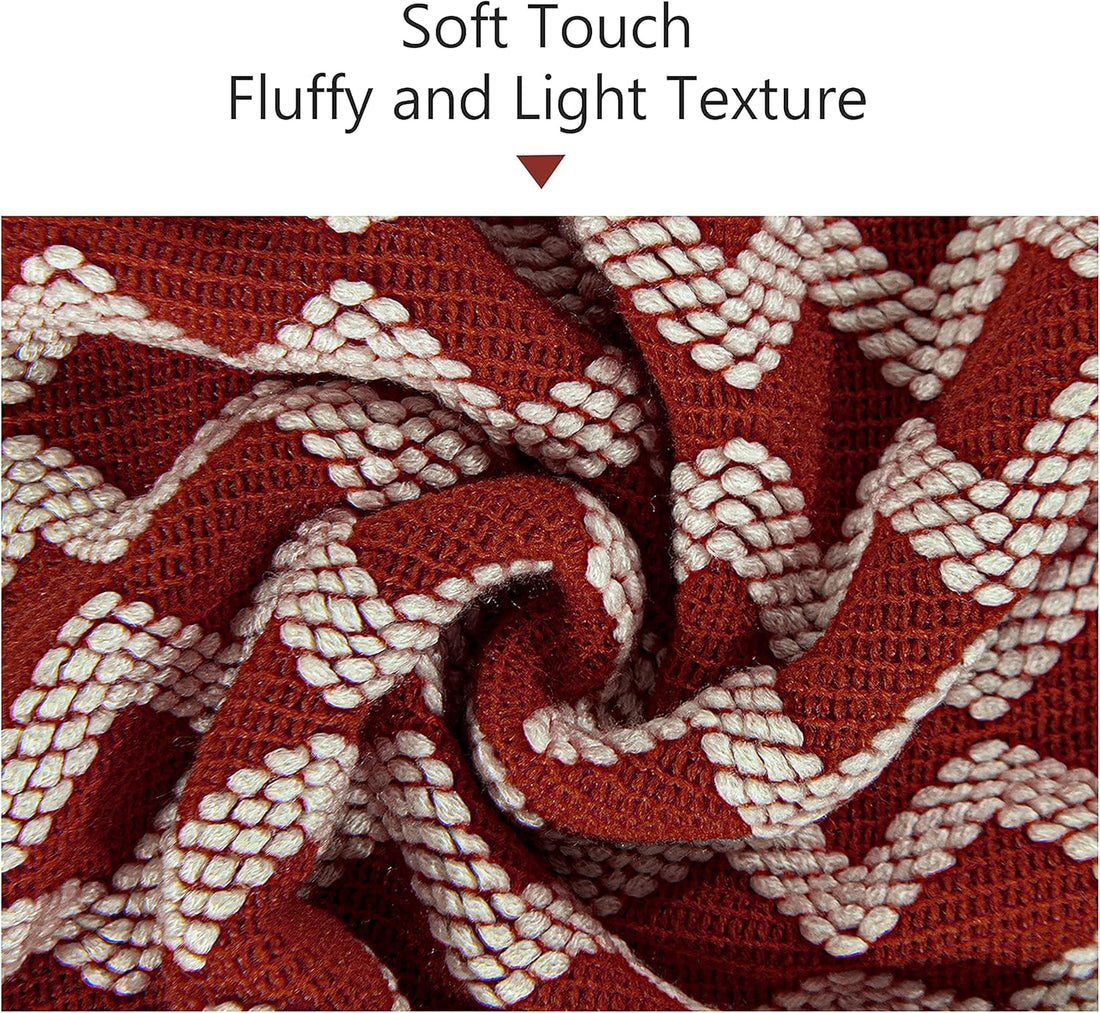 Acrylic Knitted Throw Blanket Tasseled Red White Stripe 51x67 Inches
