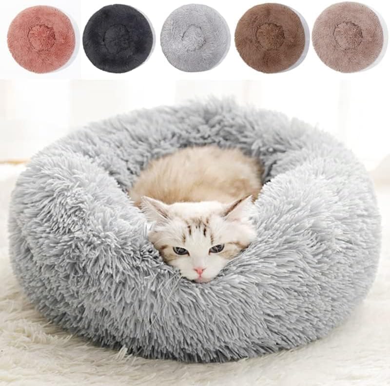 Calming Donut Cat and Small Dog Bed Faux Fur Washable Grey